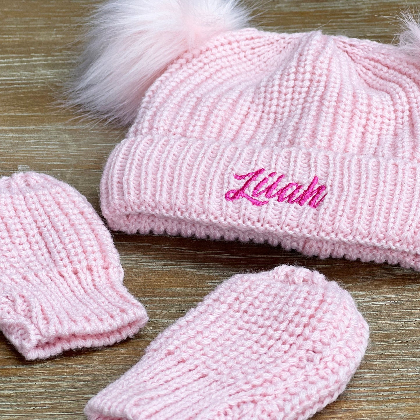 Pom Pom Pink Baby Hat And Mittens Set