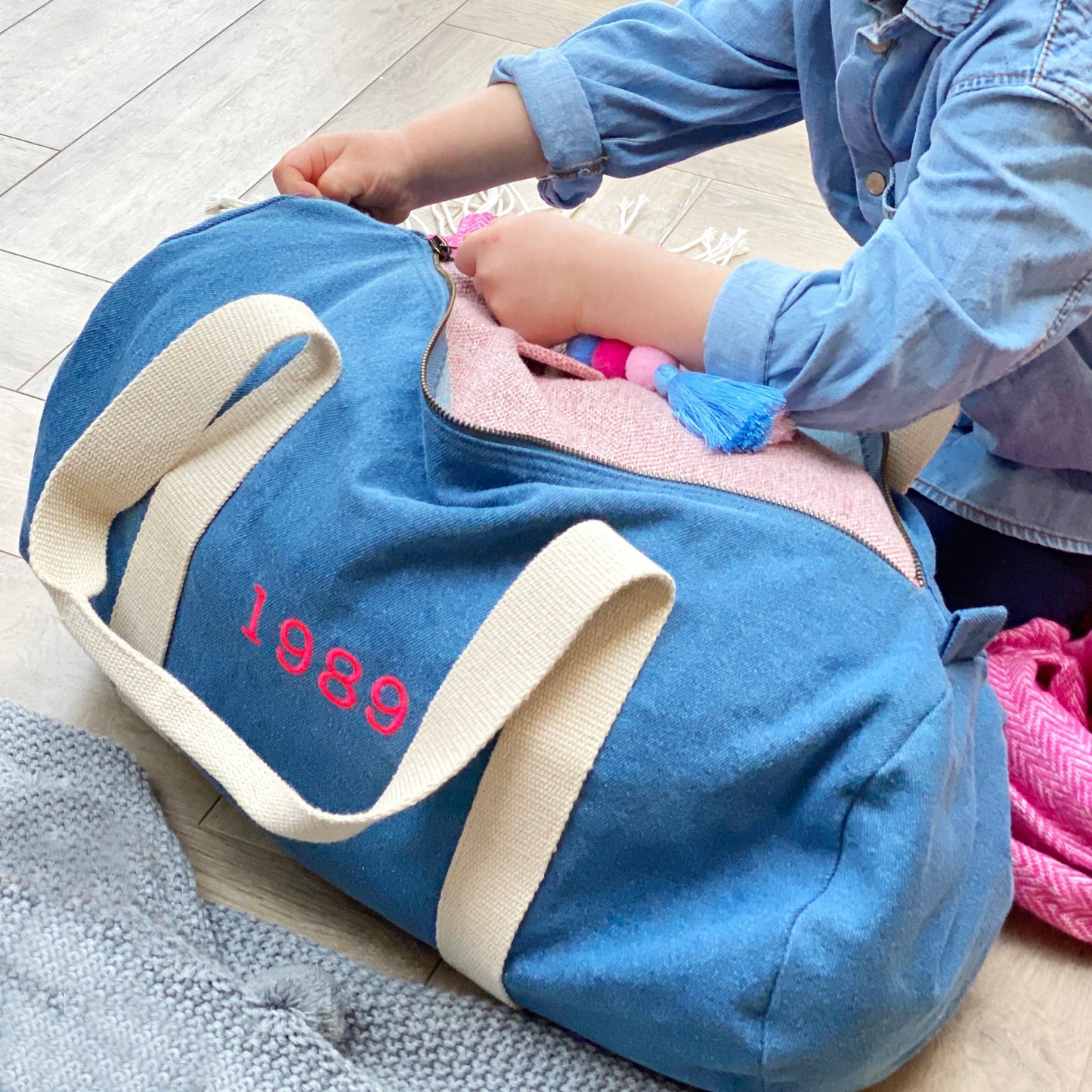 Personalised Year Denim Duffel Bag