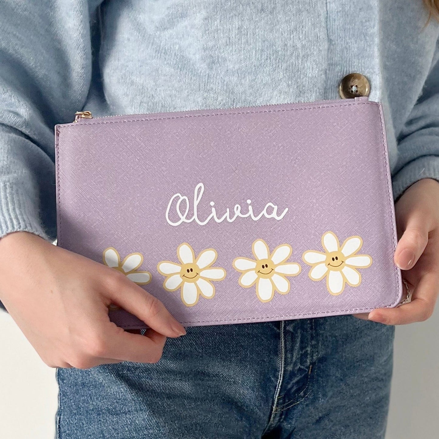 Personalised Smiling Daisy Clutch Bag