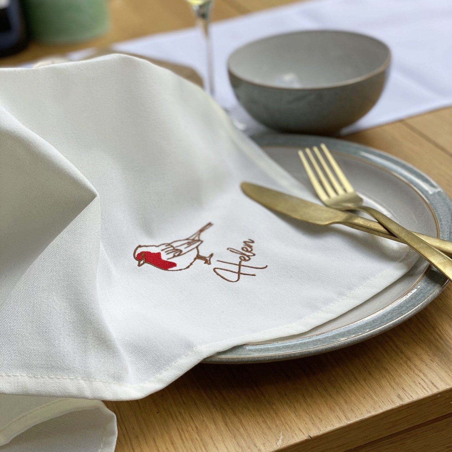 Personalised Embroidered Robin Napkin