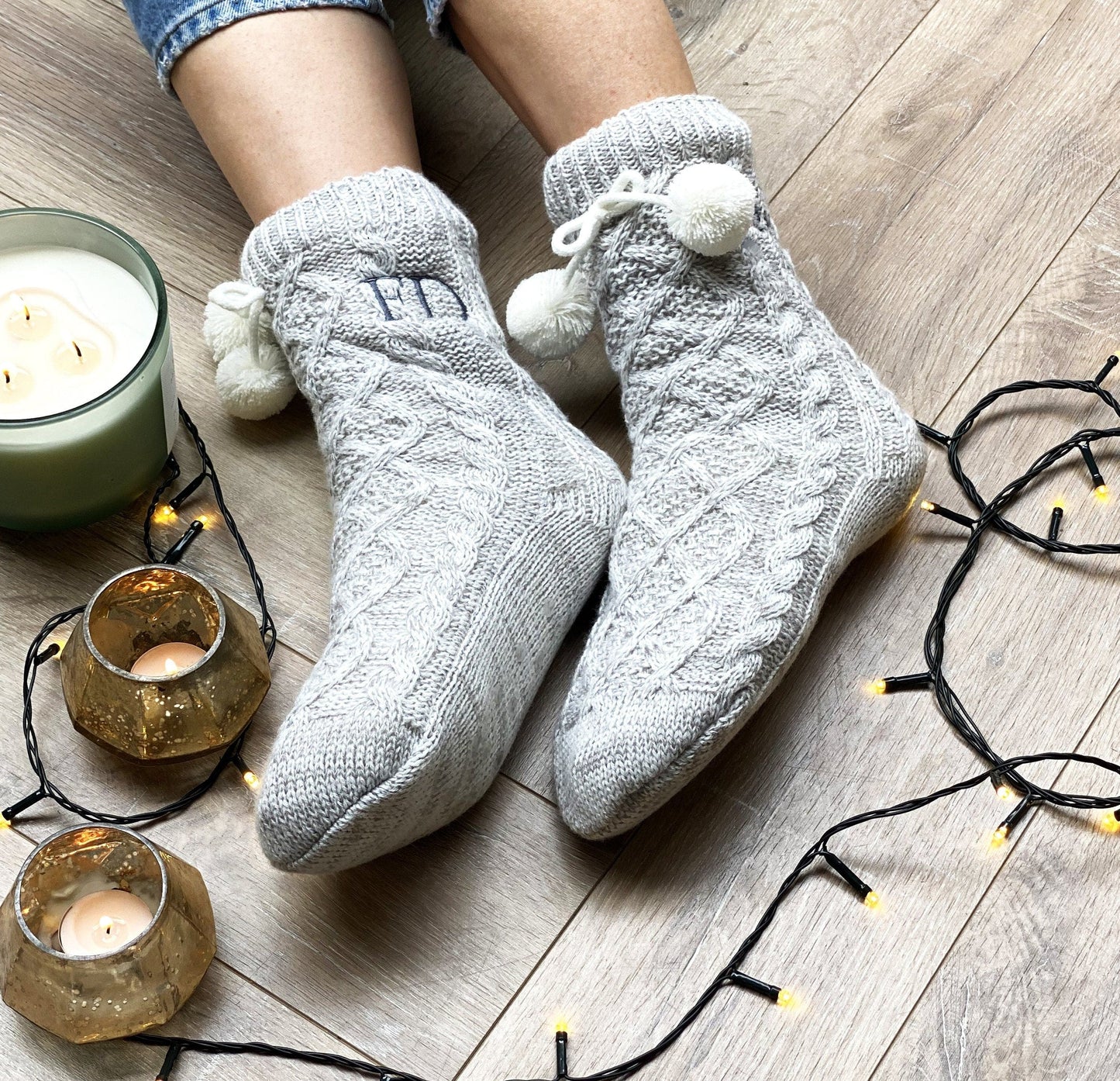 Personalised Grey Pom Pom Slippers