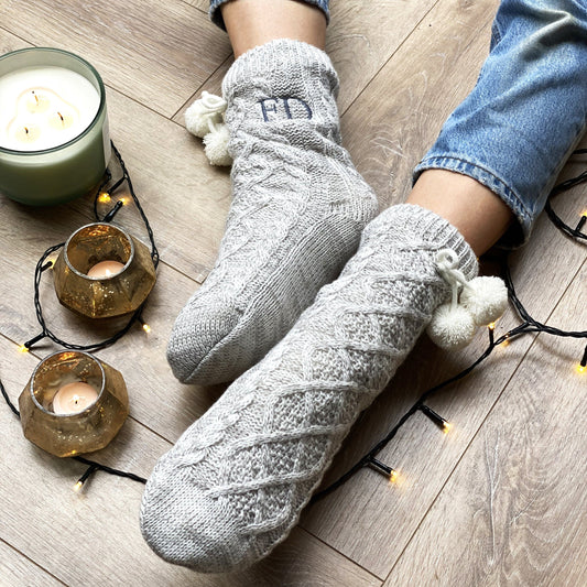 Personalised Grey Pom Pom Slippers