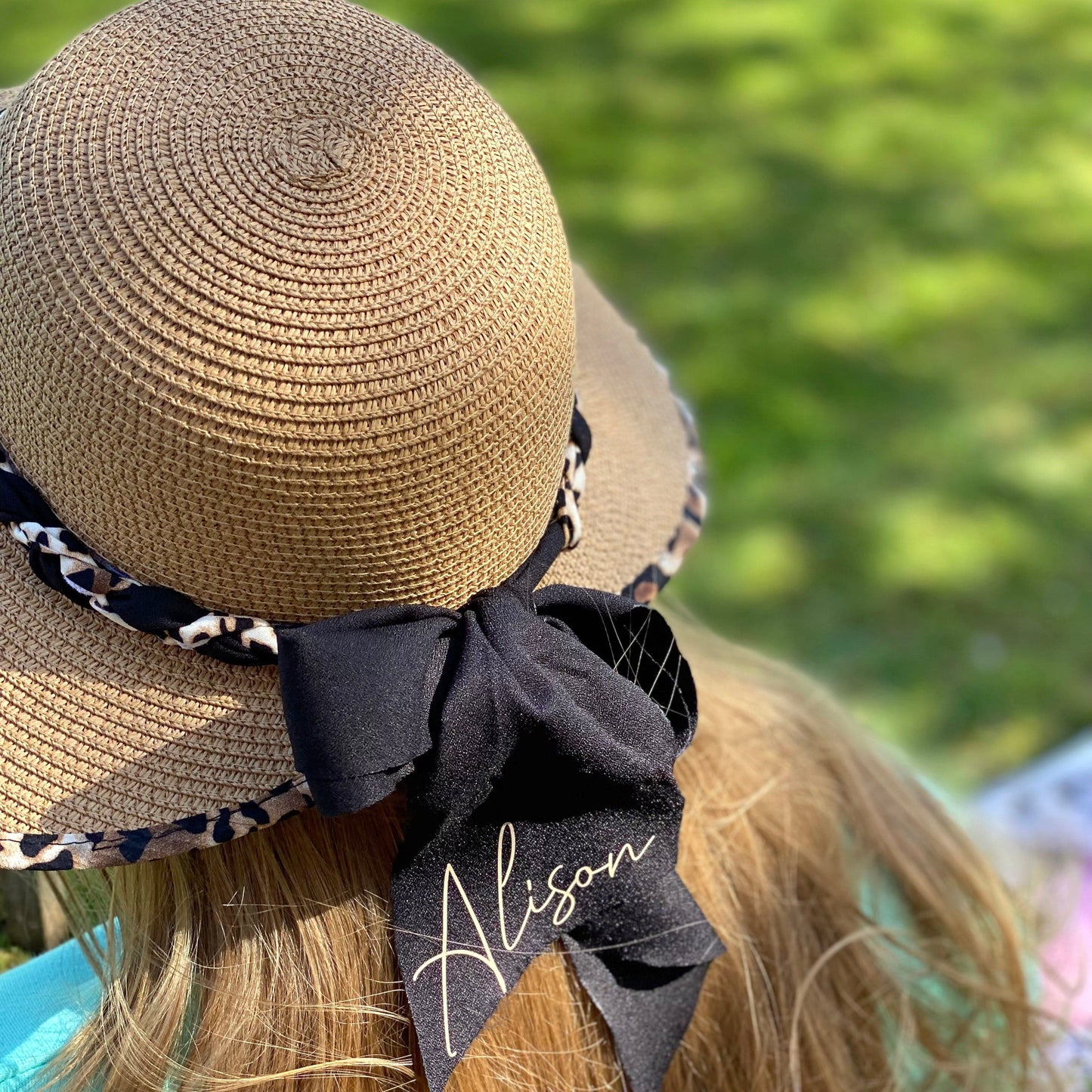 Personalised Straw Hat with Leopard Print Trim