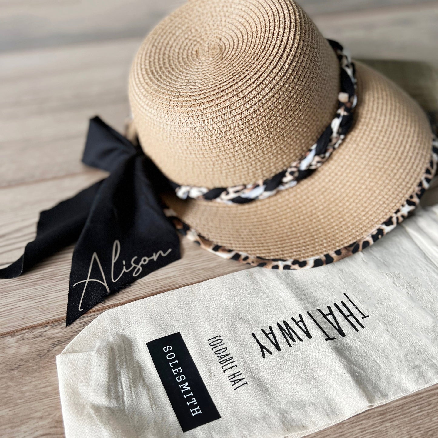 Personalised Straw Hat with Leopard Print Trim