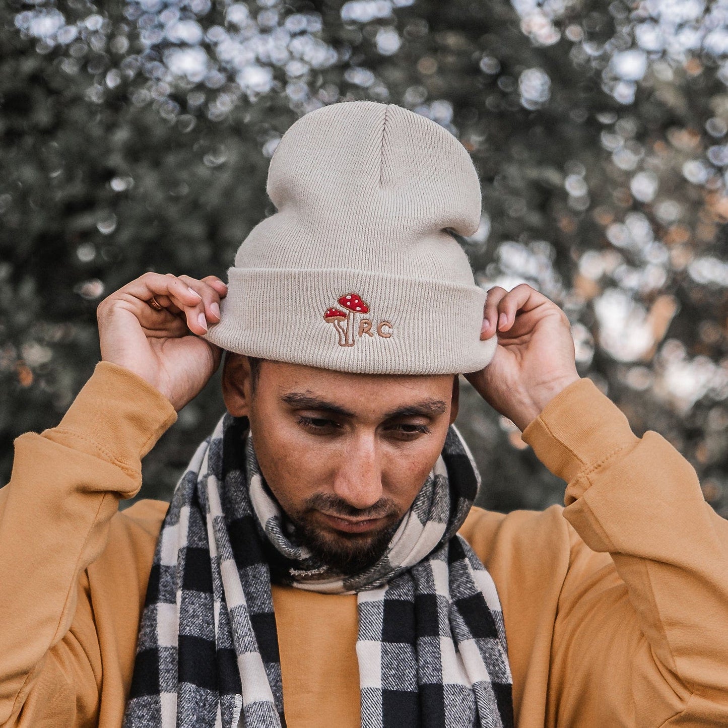 Embroidered Monogram Mushroom Beanie