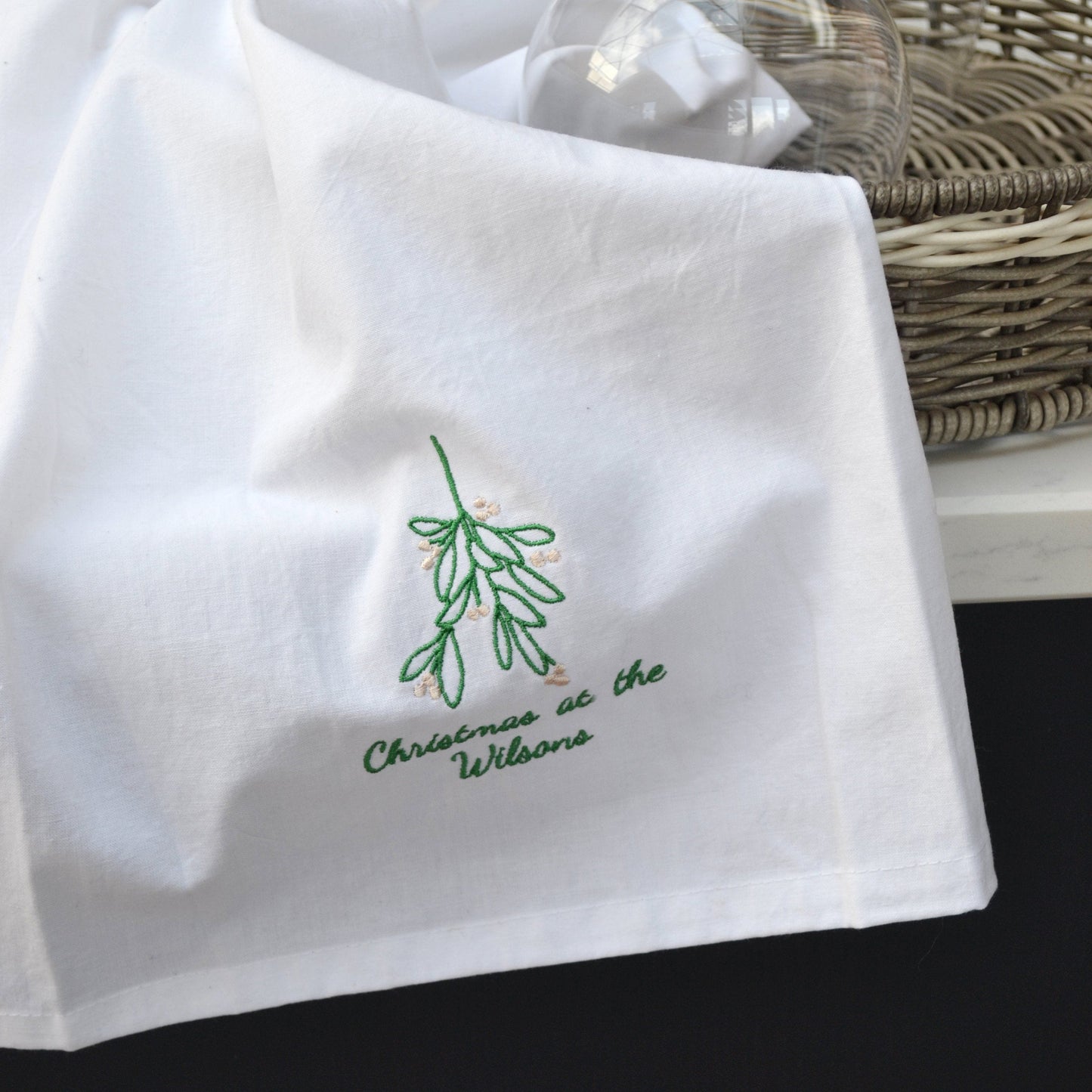 Embroidered Mistletoe Personalised Tea Towel
