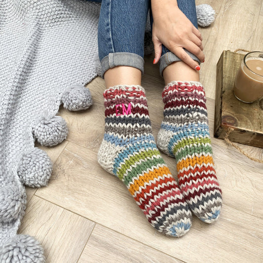 Personalised Embroidered Colourful Hand Knitted Sofa Socks, , - ALPHS