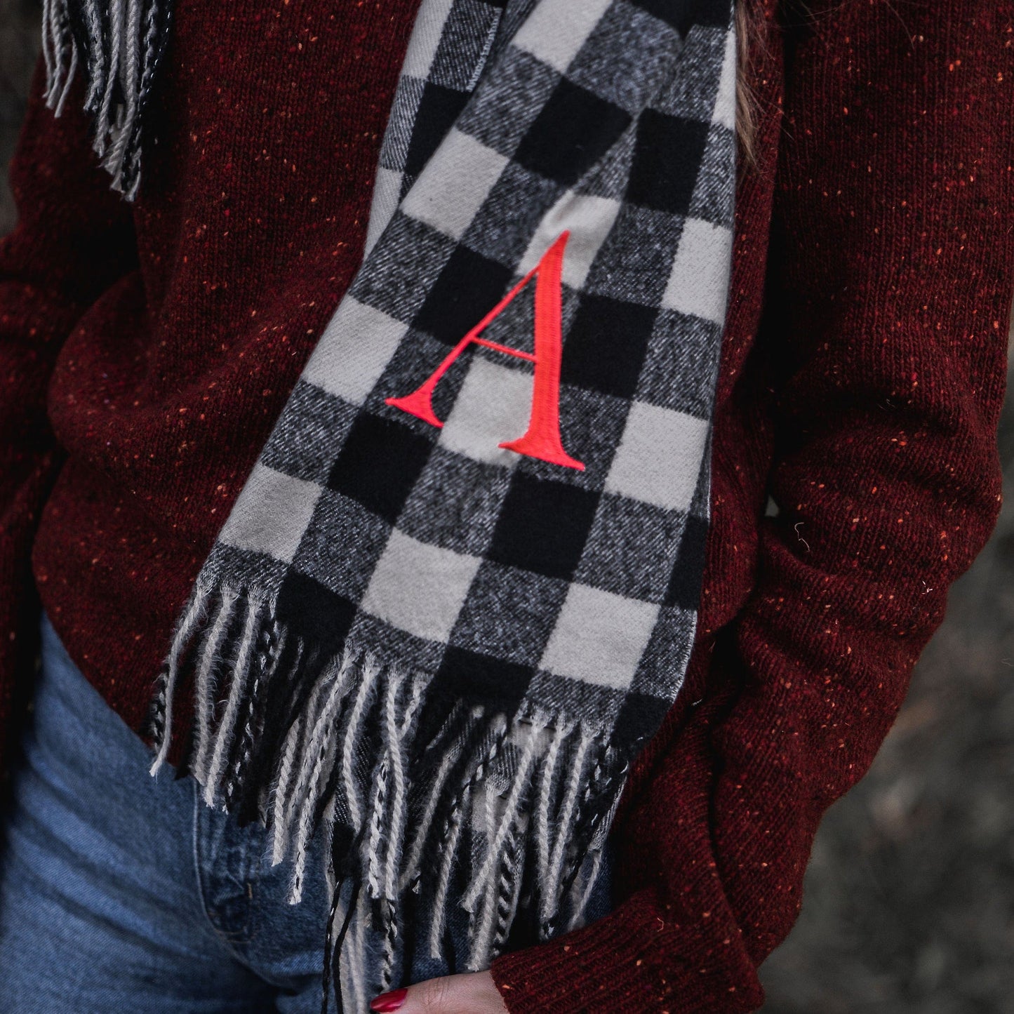 Embroidered Neon Letter Check Scarf