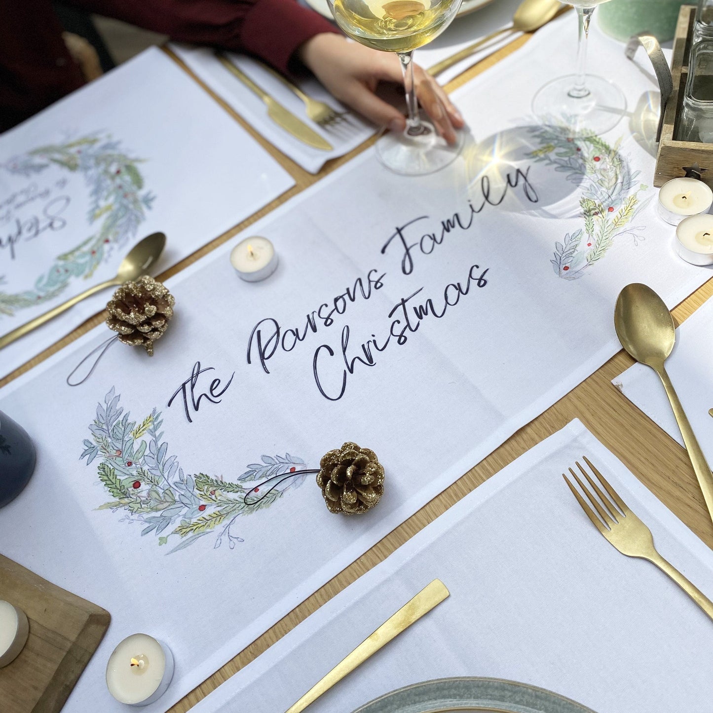 Personalised Wreath Family Christmas Table Runner