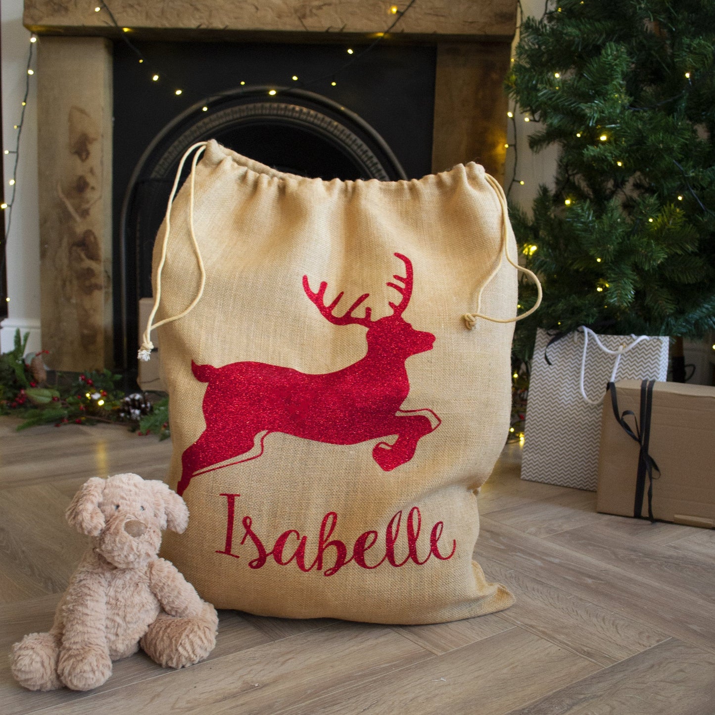 Personalised Hessian Glitter Reindeer Sack, sacks, - ALPHS
