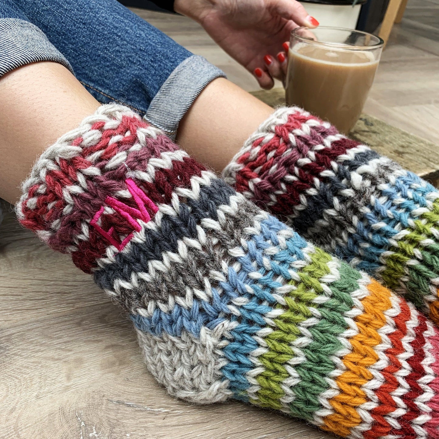 Personalised Embroidered Colourful Hand Knitted Sofa Socks, , - ALPHS
