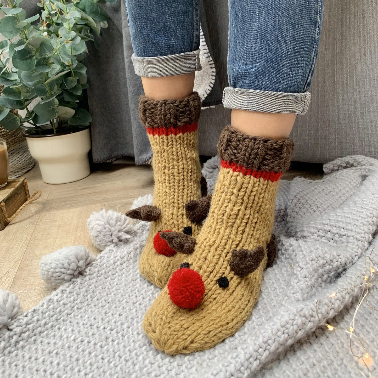 Personalised Embroidered Hand Knitted Reindeer Socks, , - ALPHS