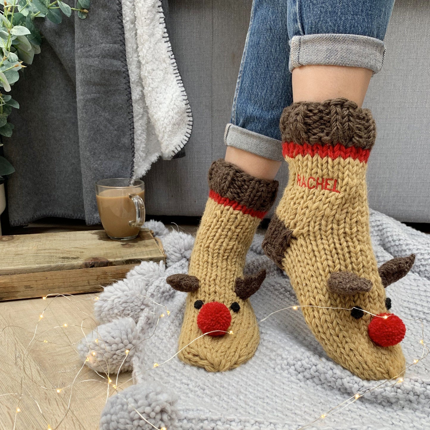 Personalised Embroidered Hand Knitted Reindeer Socks, , - ALPHS