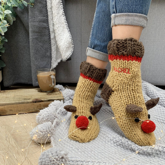 Personalised Embroidered Hand Knitted Reindeer Socks, , - ALPHS