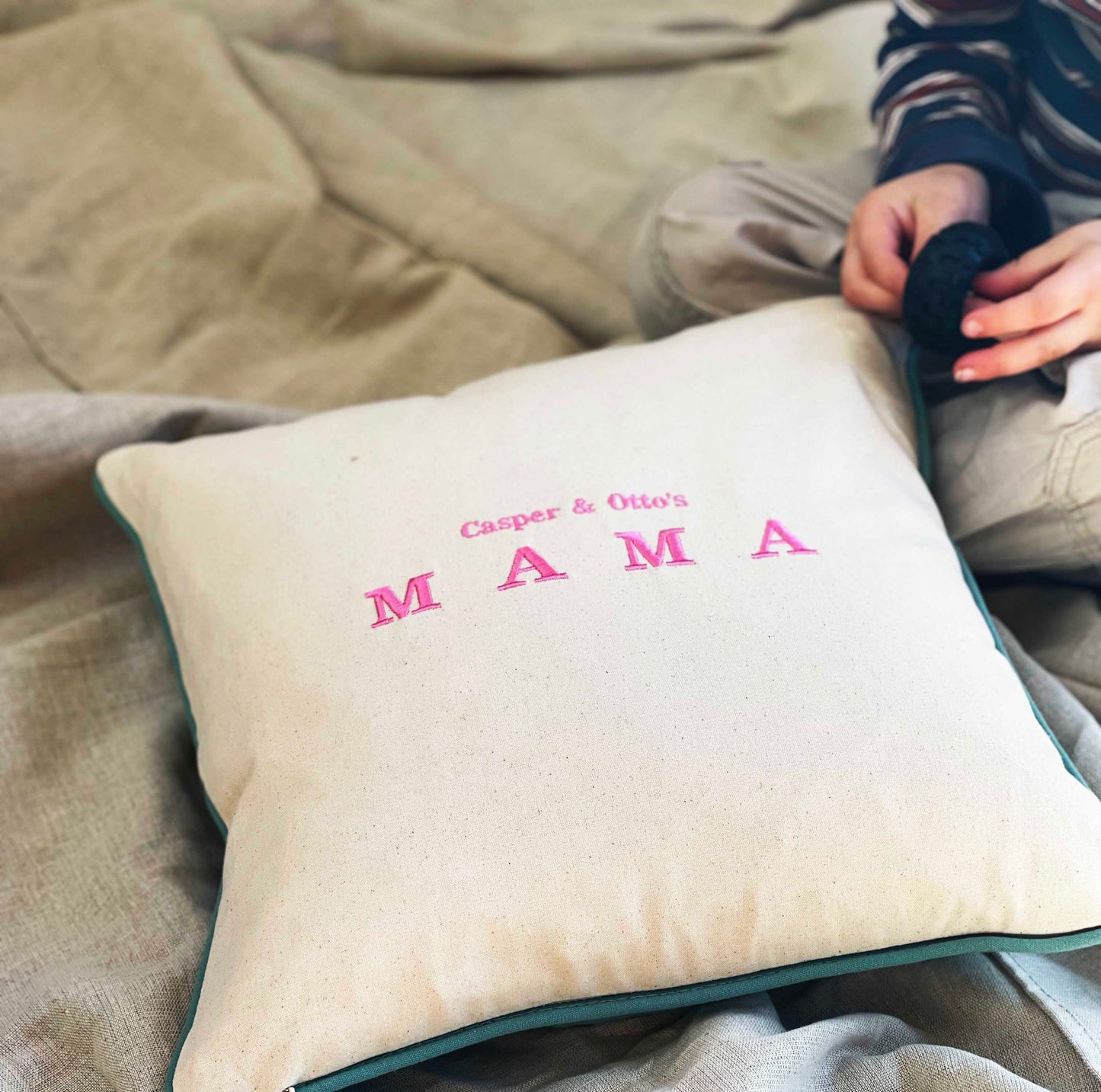 Embroidered Mama Contrast Piping Cushion