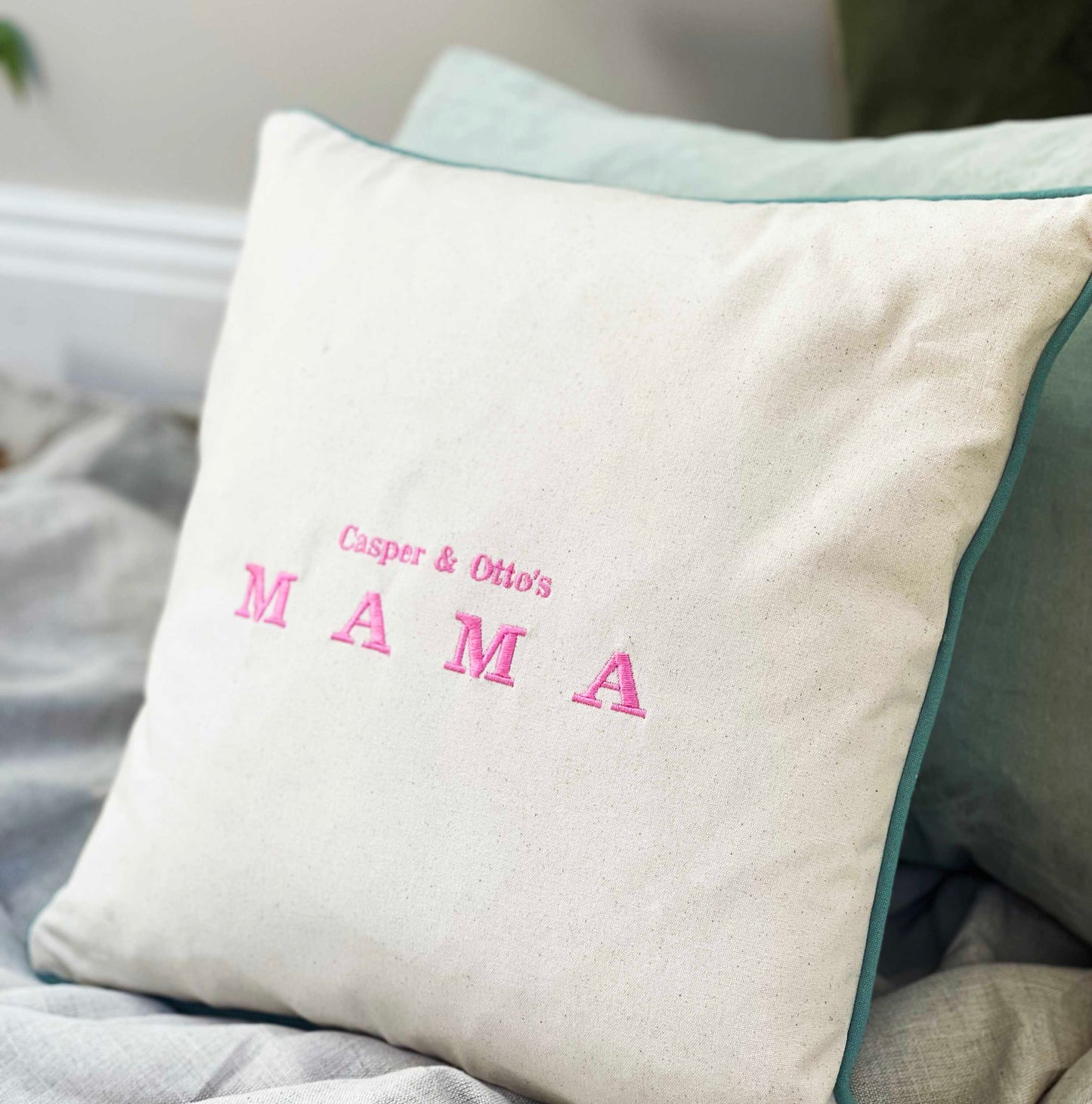 Embroidered Mama Contrast Piping Cushion