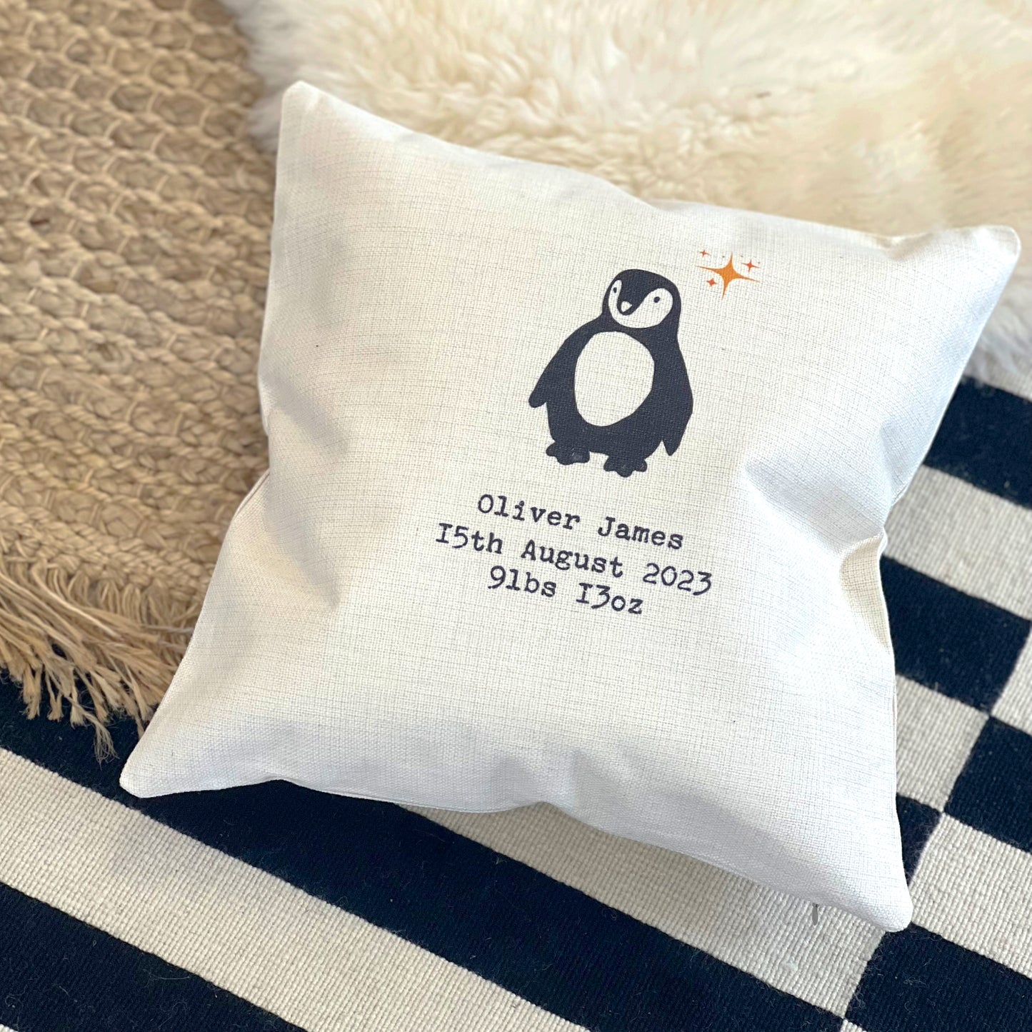New Baby Personalised Penguin Cushion