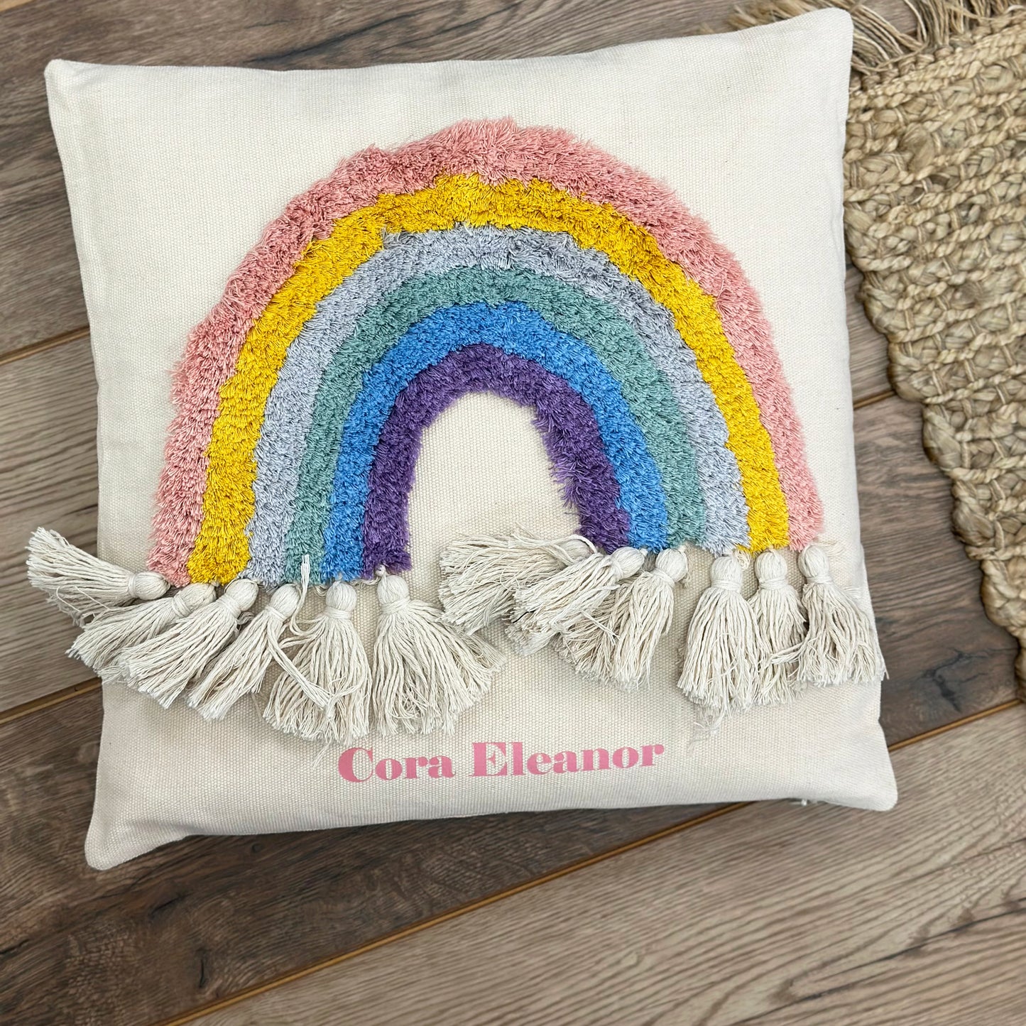 Personalised Children's Chunky Tassel Rainbow Cushion