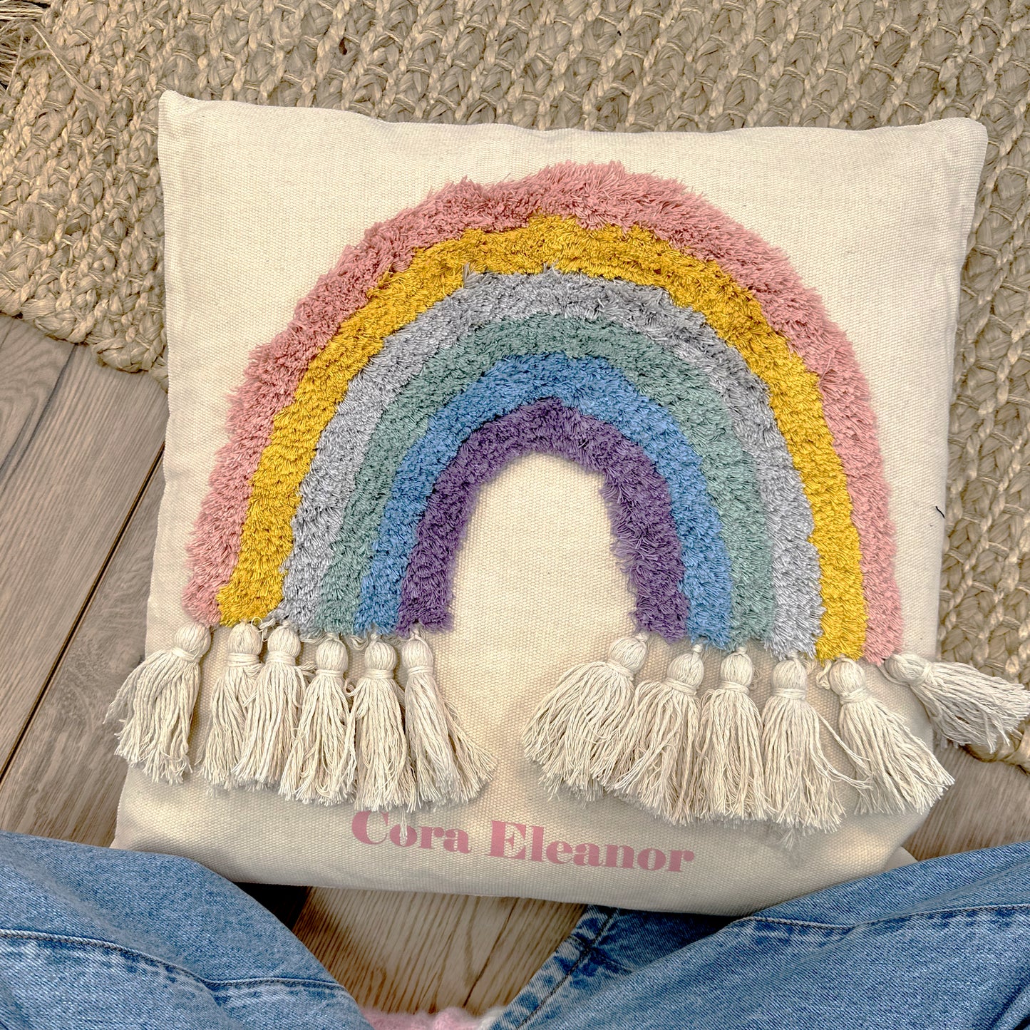 Personalised Children's Chunky Tassel Rainbow Cushion