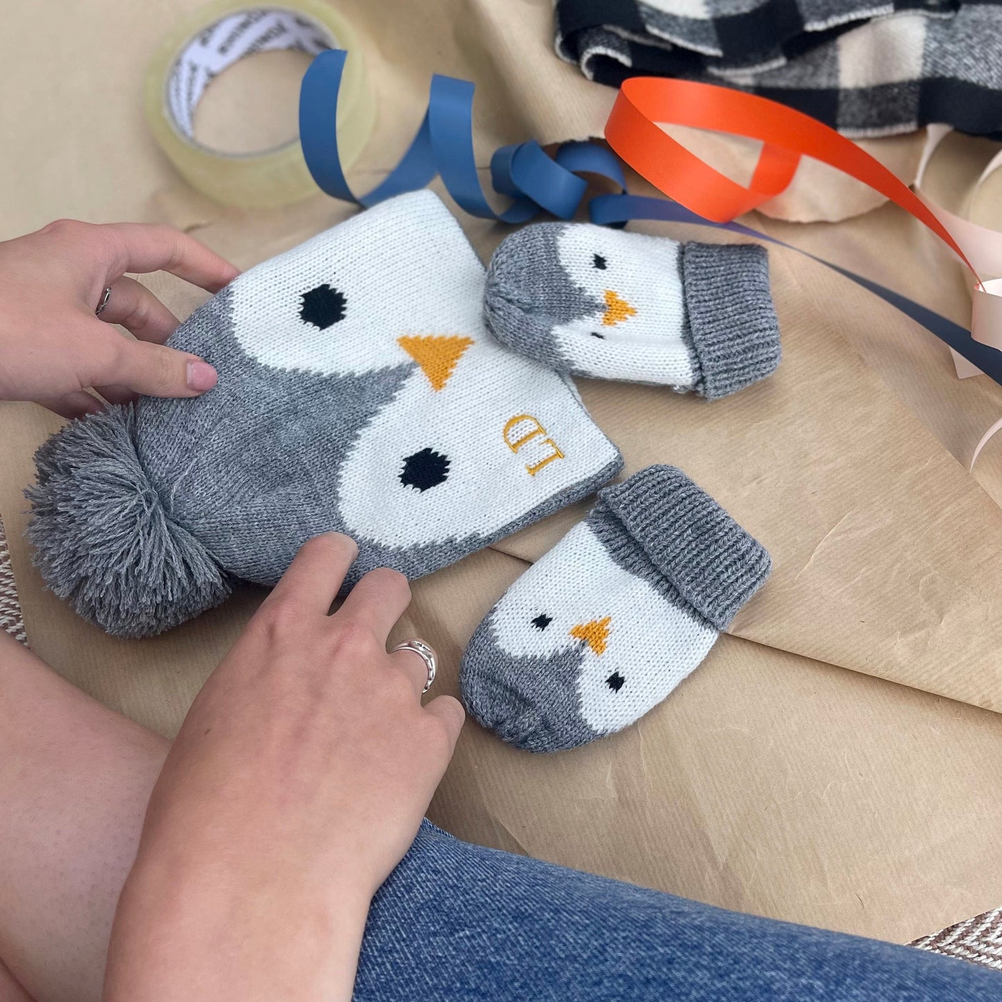 Personalised Baby Penguin Hat And Mittens Set