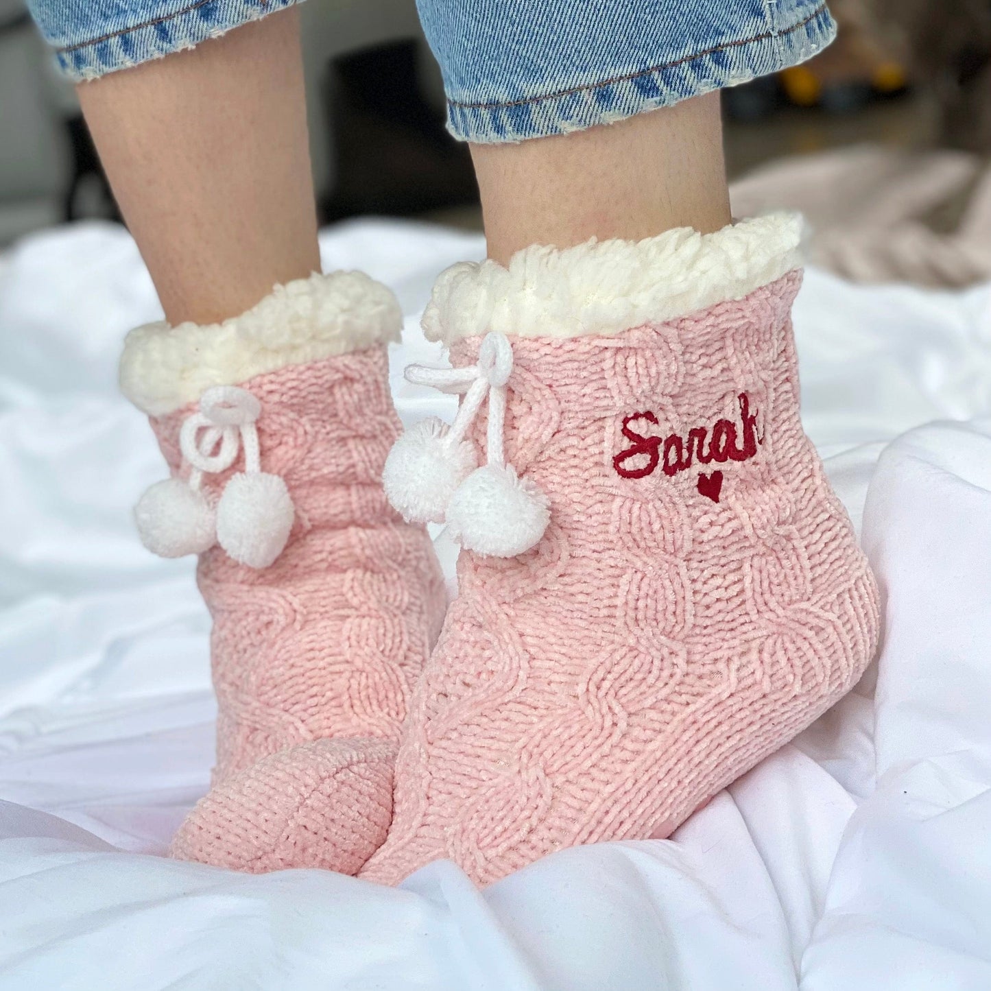 Super Soft Heart Embroidered Slipper Socks