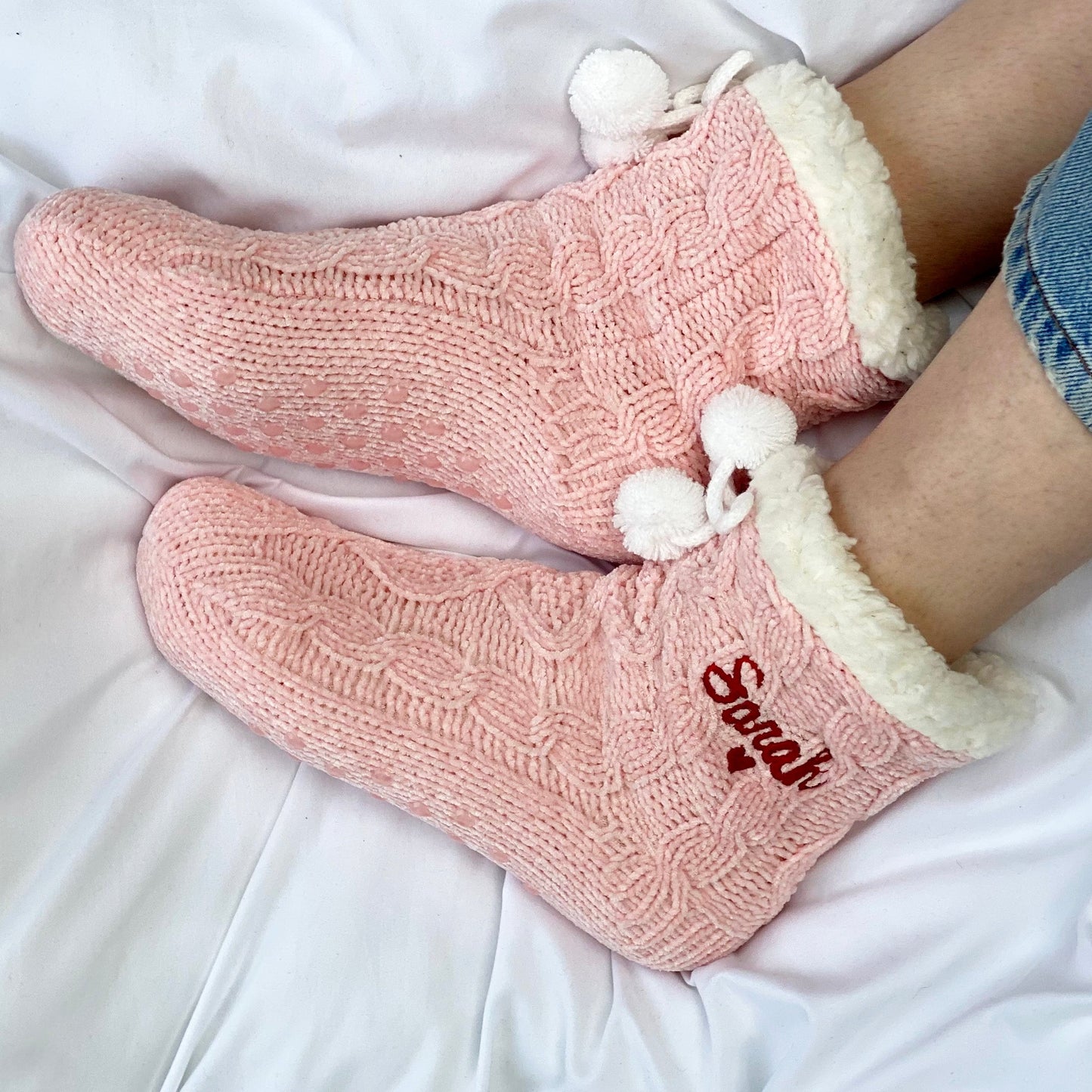 Super Soft Heart Embroidered Slipper Socks