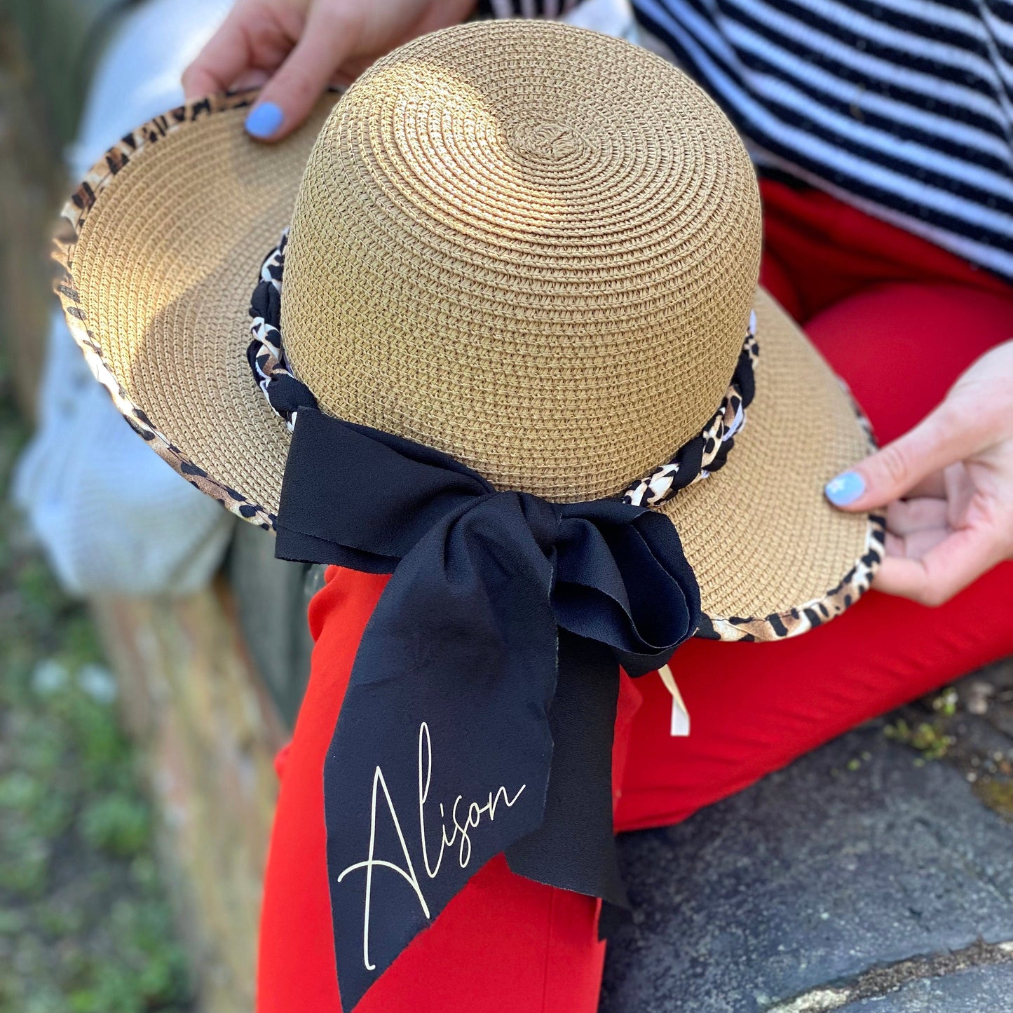 Personalised Straw Hat with Leopard Print Trim