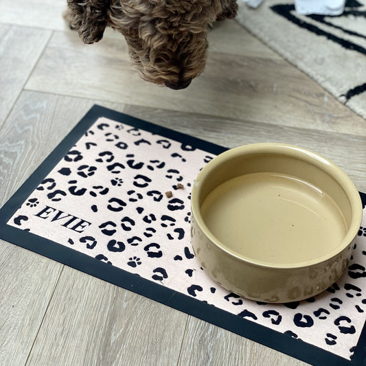 Personalised Leopard Print Pet Bowl Mat
