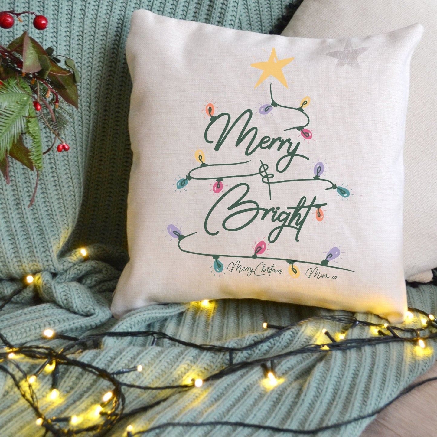 Merry and Bright Personalised Christmas Cushion