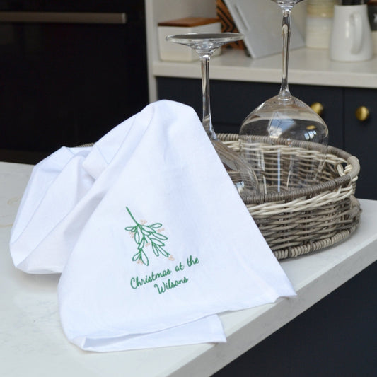 Embroidered Mistletoe Personalised Tea Towel