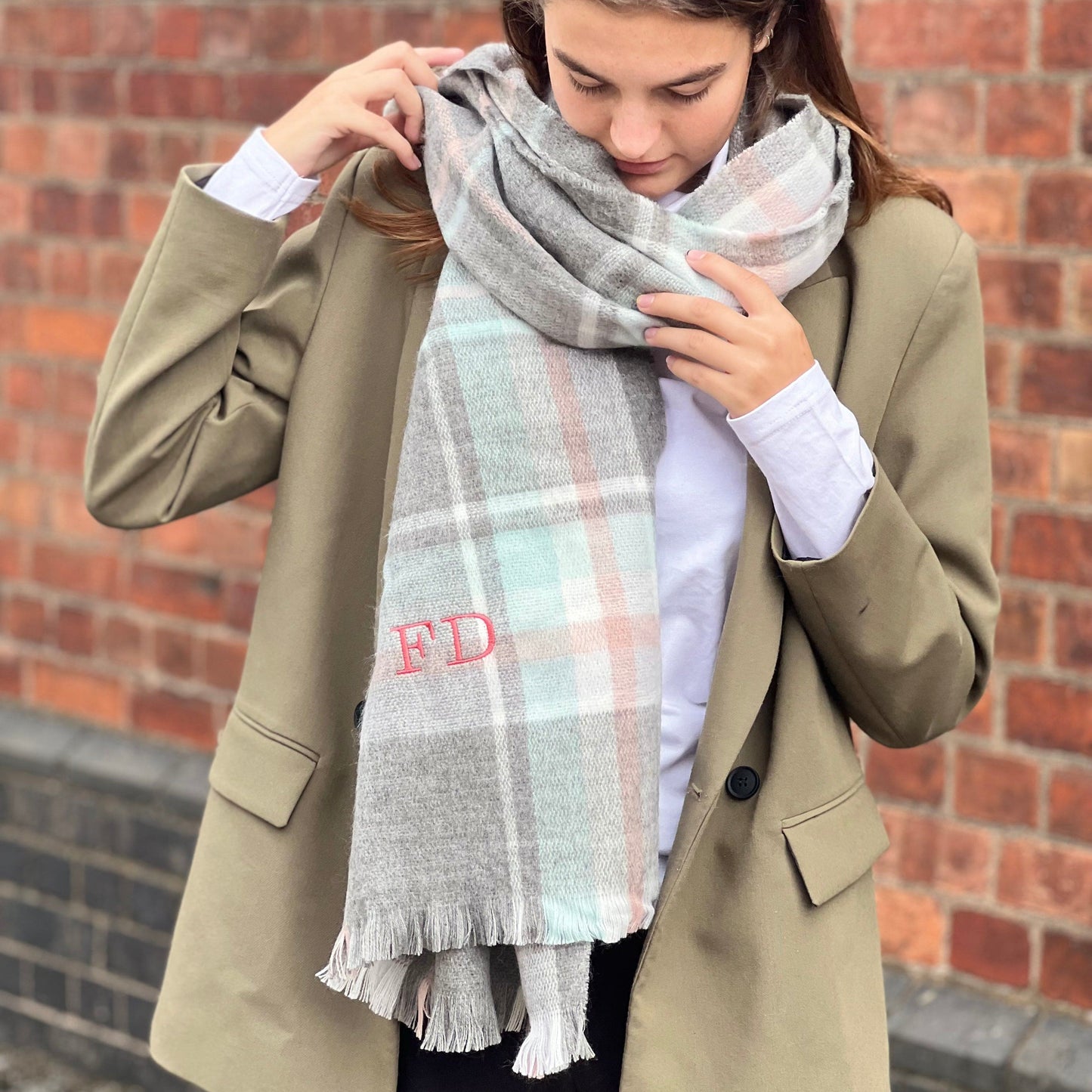 Pastel Check Embroidered Scarf