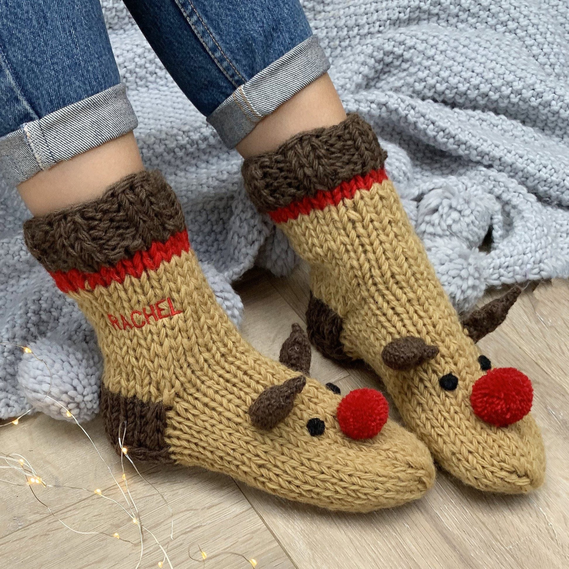 Personalised Embroidered Hand Knitted Reindeer Socks, , - ALPHS 